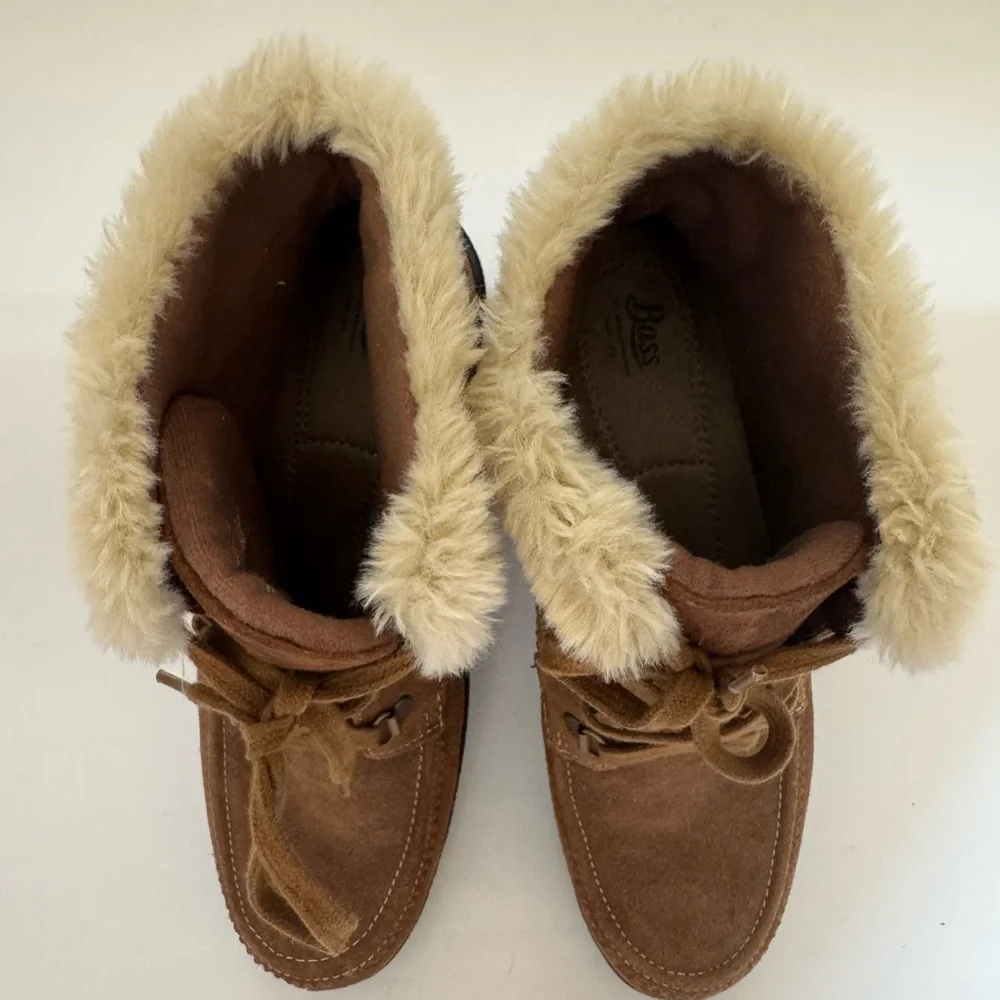 Bass Lonewolf Women 9.5 Tan Suede Faux Fur Trim Lace Up Winter Ankle Boots